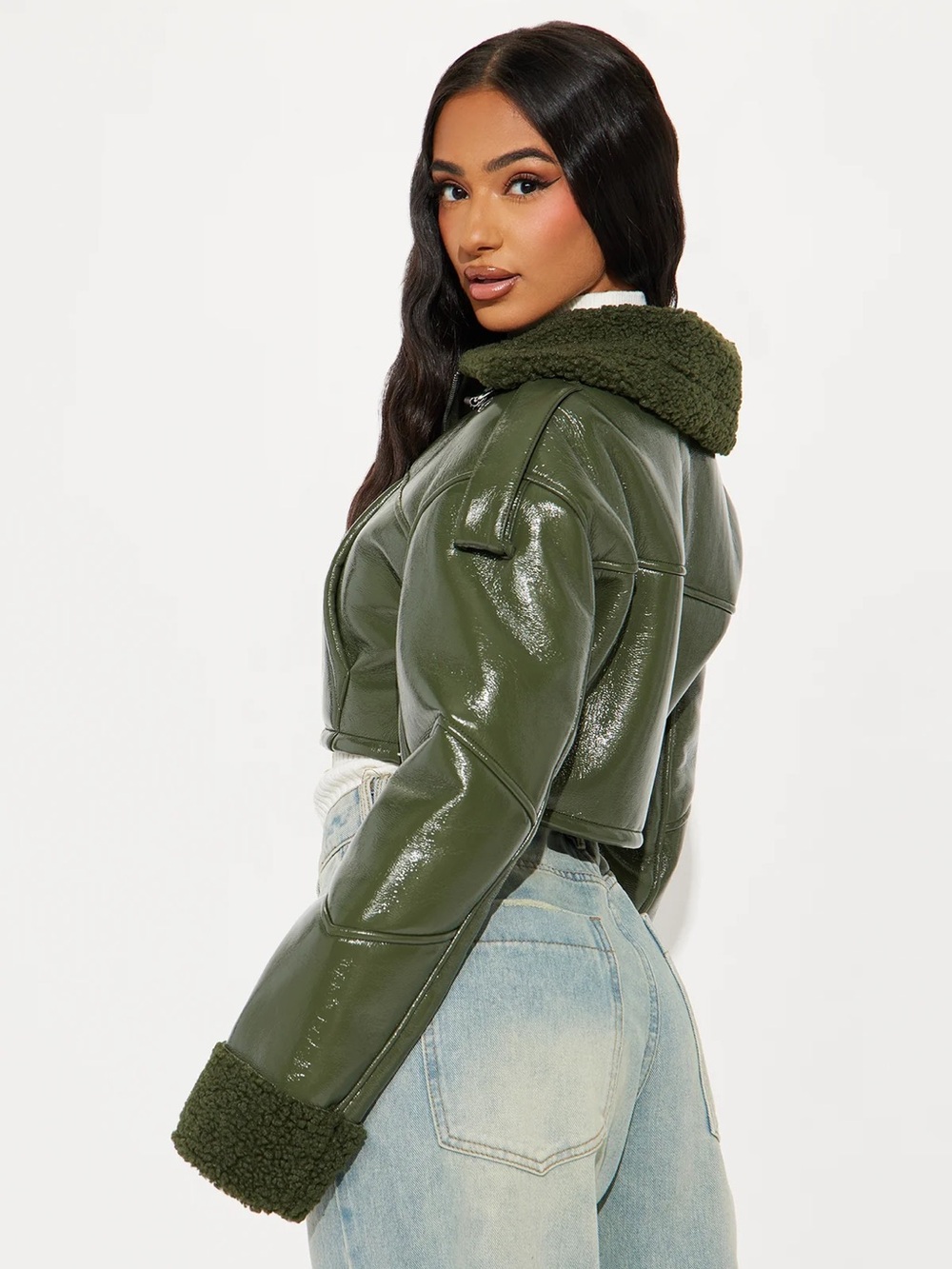 NWT Fashion Nova Green Cropped Faux Leather Bomber Jacket w/Faux Fur Trim SZ L - Picture 2 of 16